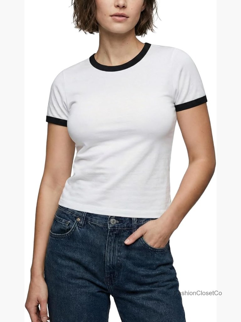 Retro Crop Top Fitted Short Sleeve Crewneck Cotton Blend Tee